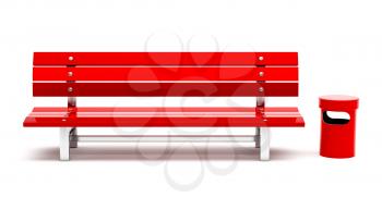 Royalty Free Clipart Image of a Red Bench and Garbage Bin