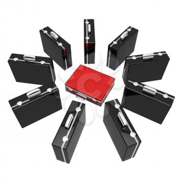 Royalty Free Clipart Image of Black Briefcases Surrounding a Red Briefcase in the Center of a Circle