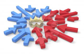 Political concept image with arrows symbolizing opponents, pointing to crown who symbolize power
