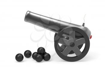Cannon with black bombs on white background