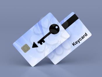 Keycards on shiny blue background, 3d illustration