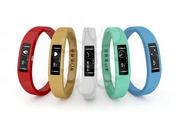 Five fitness trackers with different interfaces and colors 