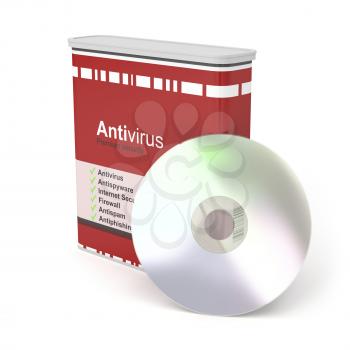 Antivirus software box and disc on white background
