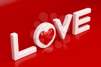 Word love with red heart on shiny red background