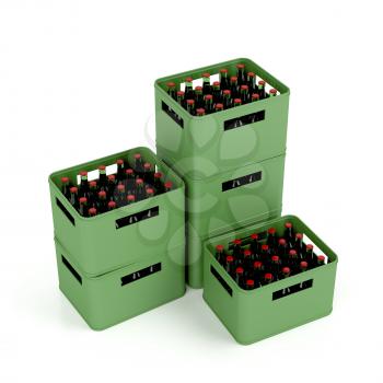 Crates with lager beer on white background