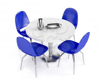Round dining table and blue plastic chairs on white background