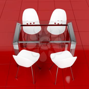 Dining set with modern glass table and white minimalistic plastic chairs