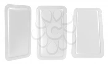 White blank sachet packaging for food, drinks, cosmetics, or medicine.