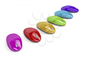 Wireless computer mouses with different colors on white background