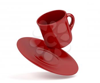 Red coffee cup falling on white background