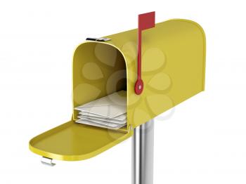Yellow mailbox with mails isolated on white background