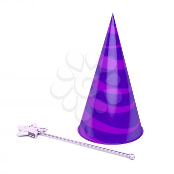Cone hat and magic wand on white background