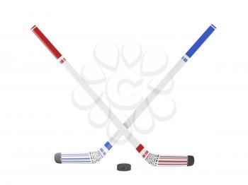 Ice hockey sticks and puck on white background, 3d illustration 