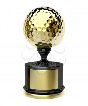 Golden golf trophy isolated on white background