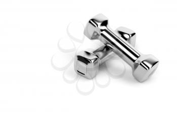 Set of small metal dumbbells on white background