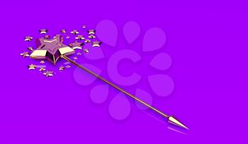 Golden magic wand with stars on shiny purple background
