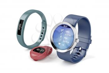 Different types of fitness trackers on white background