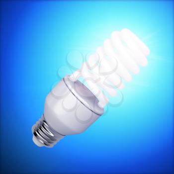 Bright fluorescent light bulb on dark blue background 