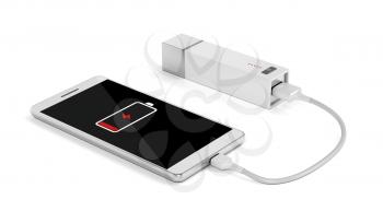 Smartphone charging with power bank on white background 