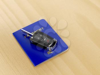 Car key and passport on wooden table