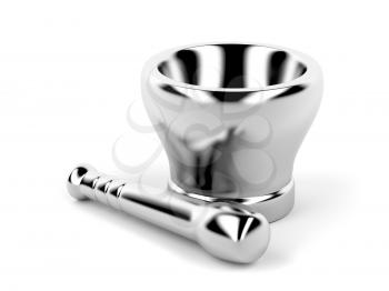 Metal mortar with pestle on white background
