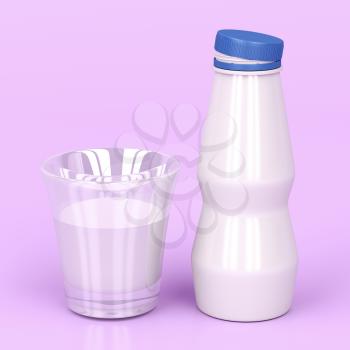 Plastic bottle and a cup of milk on shiny pink background