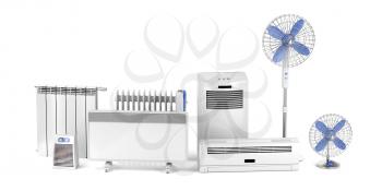Electric heating and cooling devices on white background