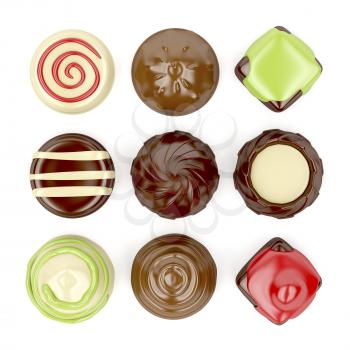 Selection of different chocolate candies on white background, top view 