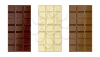White, brown and dark chocolate bars, isolated on white background 