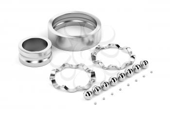 Disassembled ball bearing on white background, 3D illustration