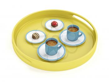 Plastic tray with espresso coffee cups and chocolate candies on white background