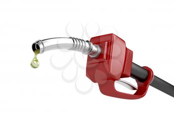 Fuel pump nozzle with last drop of fuel, isolated on white background 