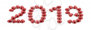 Happy new year 2019 with red hearts on white background