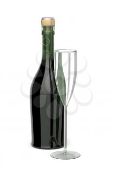Crystal champagne flute and bottle on white background