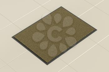 Brown doormat on tile floor, 3D illustration