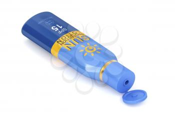 Sunscreen lotion with SPF 15 on white background, 3D illustration 