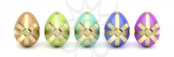 Colorful eggs with golden ribbons, Easter decoration 