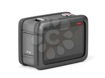 Back view of rugged action camera on white background