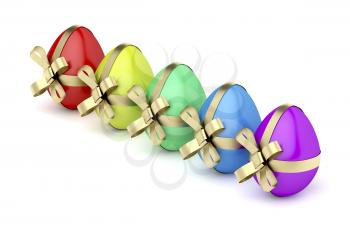 Colorful Easter eggs with golden ribbons on white background