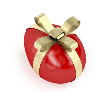 Red Easter egg with golden ribbon on white background 
