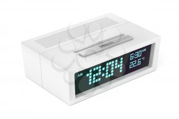 Digital alarm clock on white background