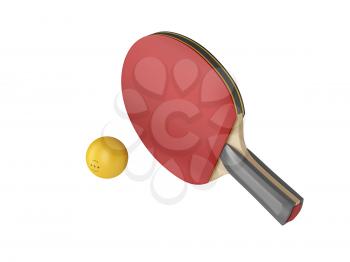 Ping pong racket and ball, isolated on white background