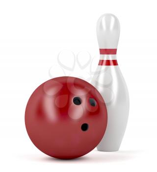 Red bowling ball and pin on white background 