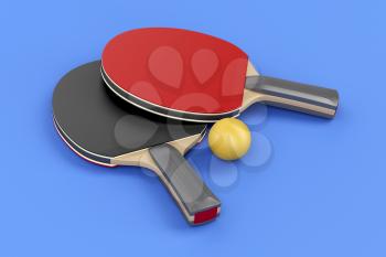 Pair of table tennis rackets and ball on blue background