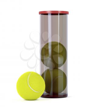Set of three new tennis balls on white background