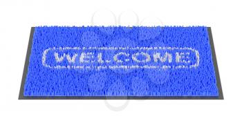 Blue welcome doormat on white background