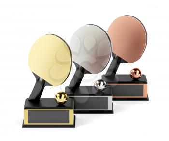 Table tennis trophies for first, second and third place 