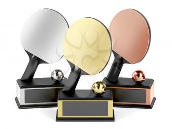 Gold, silver and bronze trophies for table tennis on white background