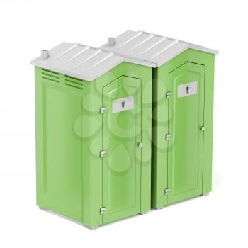 Green portable chemical toilets for males and females on white background