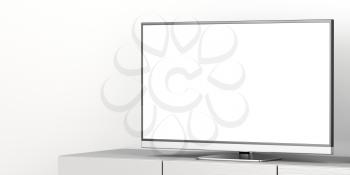 Large flat screen tv with blank screen on tv stand, close up